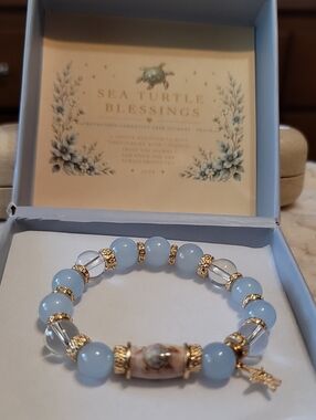 Sea Turtle, Light Blue Bead Stretch Bracelet with Gold Accents  With Box